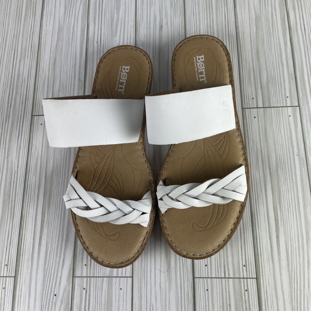BORN Women's Morena White Leather Braided Slip-On Slide Sandals‎ Size 10M